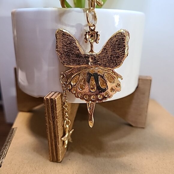 Rhinestone‎ Fairy Ballerina Keychain Purse Charm Gold Tone Purple Wings Star - Picture 3 of 4